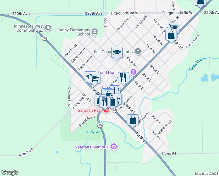 map of restaurants, bars, coffee shops, grocery stores, and more near 205 Haarfager Avenue North in Canby
