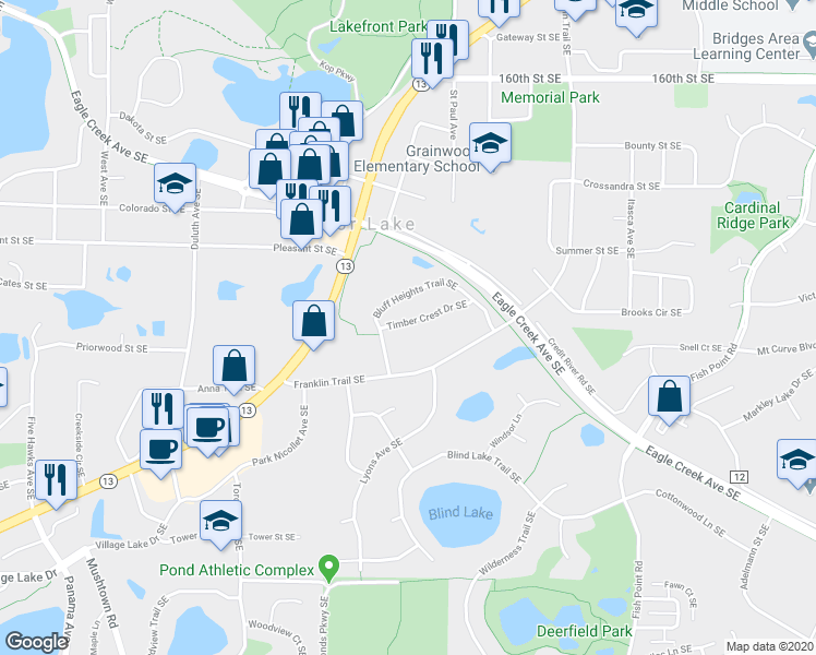 map of restaurants, bars, coffee shops, grocery stores, and more near 16477 Timber Crest Drive Southeast in Prior Lake