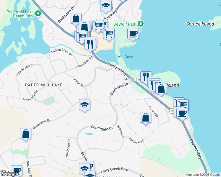 map of restaurants, bars, coffee shops, grocery stores, and more near 18 Wyatt Road in Bedford