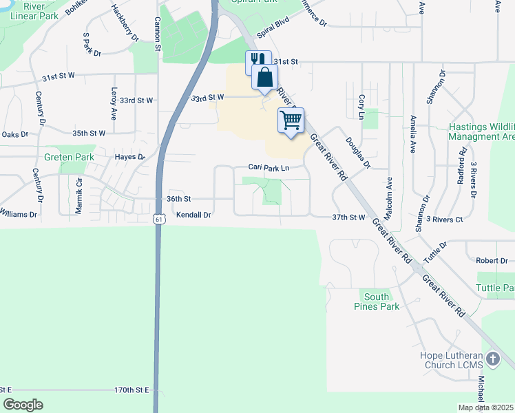 map of restaurants, bars, coffee shops, grocery stores, and more near 3685 Sirett Court in Hastings