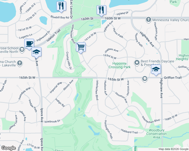 map of restaurants, bars, coffee shops, grocery stores, and more near 16478 Interlachen Boulevard in Lakeville