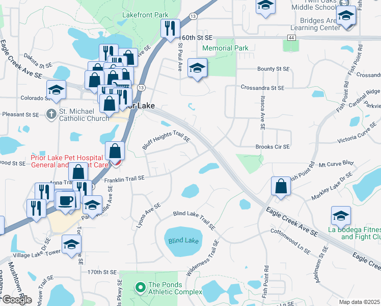 map of restaurants, bars, coffee shops, grocery stores, and more near 16516 Franklin Trail Southeast in Prior Lake