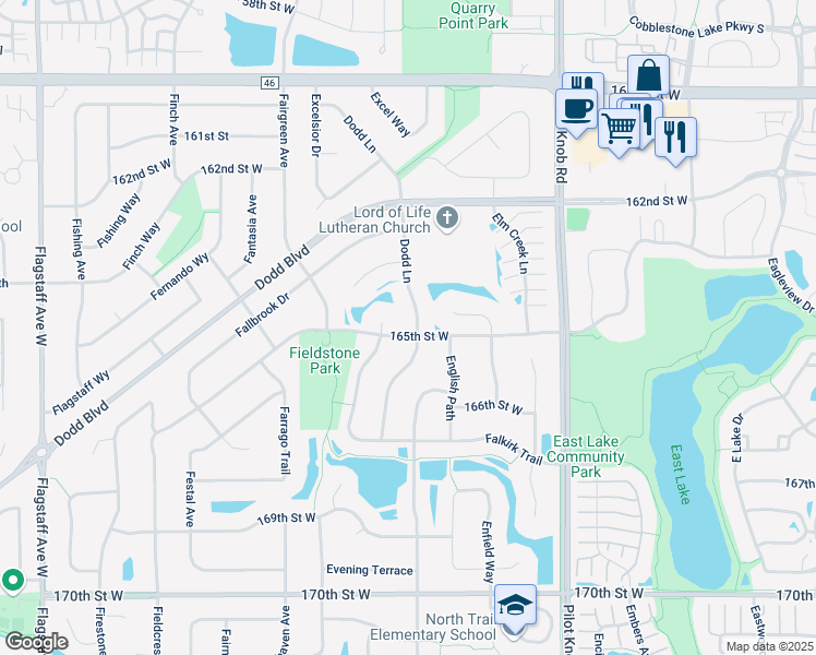 map of restaurants, bars, coffee shops, grocery stores, and more near 16491 165th Street West in Lakeville