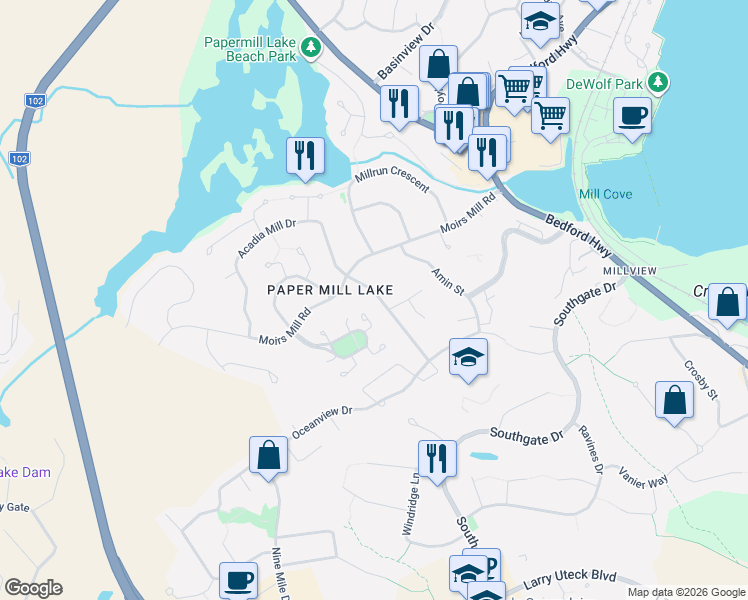 map of restaurants, bars, coffee shops, grocery stores, and more near 37 Royal Masts Way in Bedford