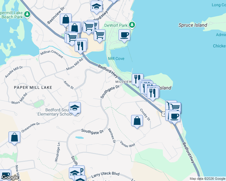 map of restaurants, bars, coffee shops, grocery stores, and more near 46 Southgate Drive in Bedford