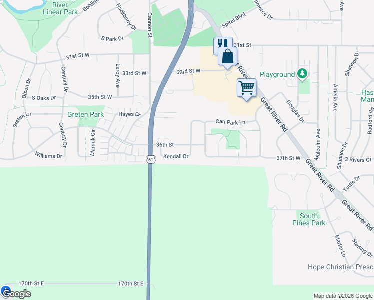 map of restaurants, bars, coffee shops, grocery stores, and more near 540 Kendall Drive in Hastings