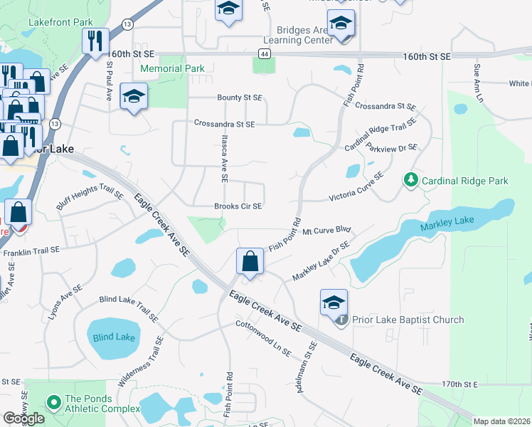 map of restaurants, bars, coffee shops, grocery stores, and more near 5423 Brooks Circle Southeast in Prior Lake