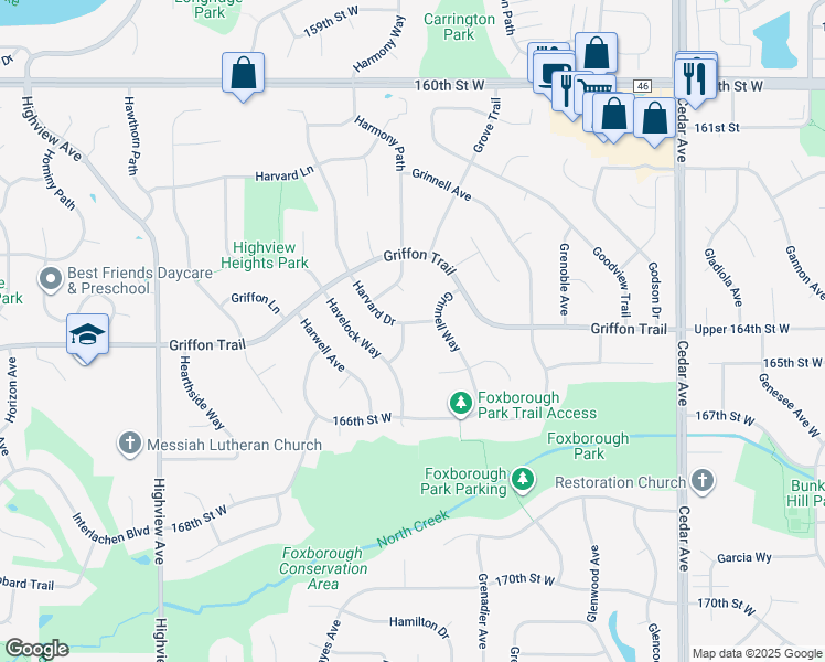 map of restaurants, bars, coffee shops, grocery stores, and more near 16478 Hallmark Path in Lakeville