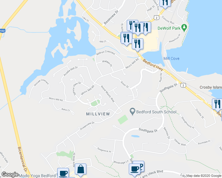 map of restaurants, bars, coffee shops, grocery stores, and more near 13 Fred Keyes Court in Bedford