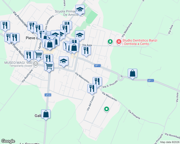 map of restaurants, bars, coffee shops, grocery stores, and more near 12 Via Angiolina Melloni in Pieve di Cento