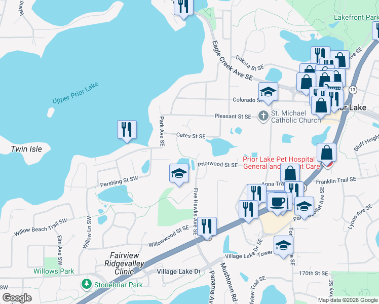 map of restaurants, bars, coffee shops, grocery stores, and more near 16520 Tranquility Court in Prior Lake