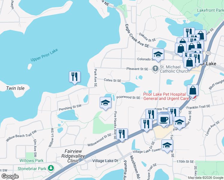 map of restaurants, bars, coffee shops, grocery stores, and more near 16495 Five Hawks Avenue Southeast in Prior Lake