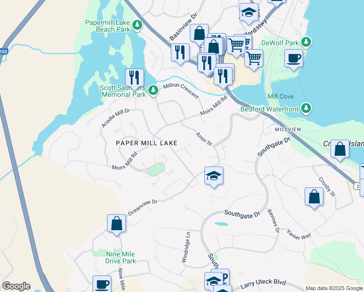 map of restaurants, bars, coffee shops, grocery stores, and more near 13 Fred Keyes Court in Bedford