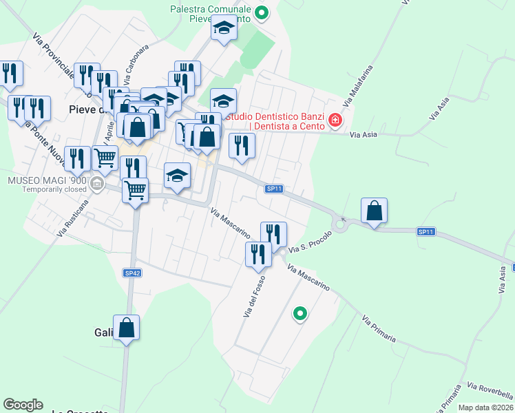 map of restaurants, bars, coffee shops, grocery stores, and more near 12 Via Angiolina Melloni in Pieve di Cento