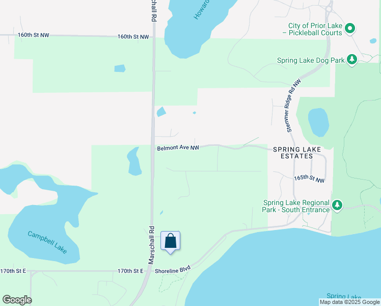 map of restaurants, bars, coffee shops, grocery stores, and more near 1627 Belmont Avenue Northwest in Prior Lake