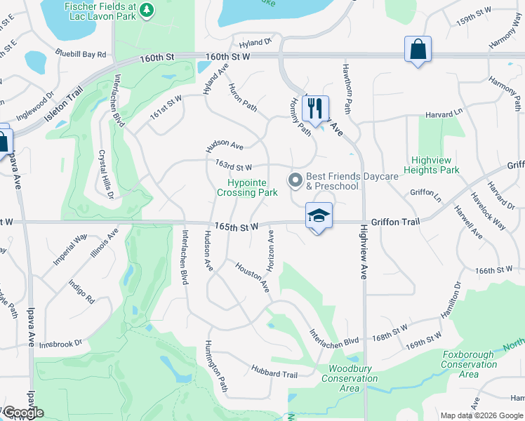 map of restaurants, bars, coffee shops, grocery stores, and more near 16464 Hyland Avenue in Lakeville