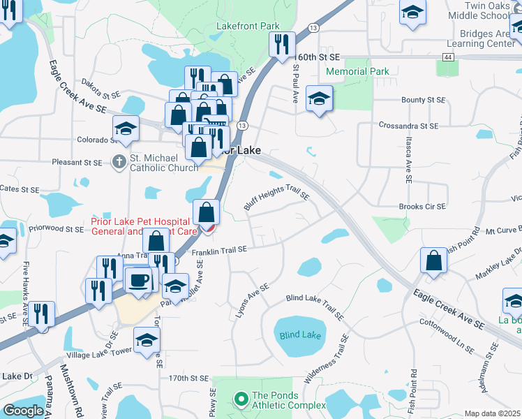map of restaurants, bars, coffee shops, grocery stores, and more near 16494 Timber Crest Drive Southeast in Prior Lake