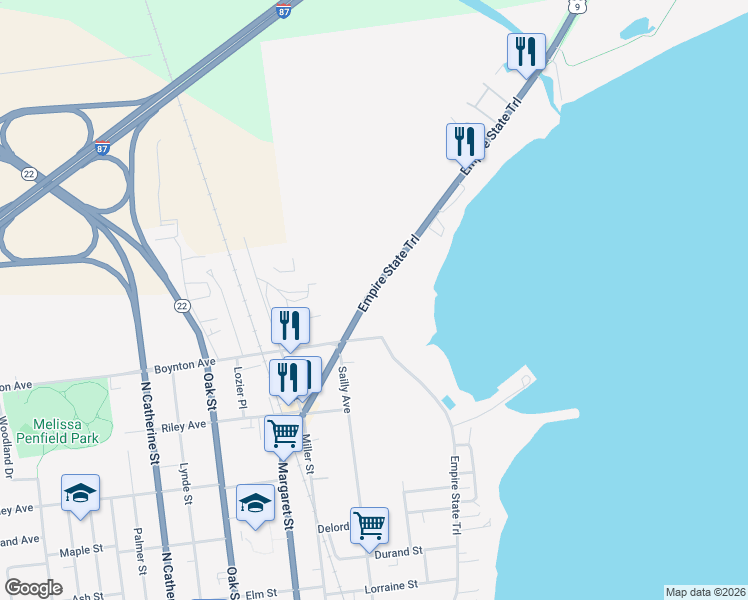 map of restaurants, bars, coffee shops, grocery stores, and more near 318 Margaret Street in Plattsburgh