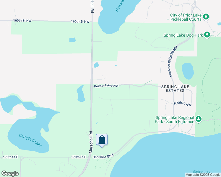 map of restaurants, bars, coffee shops, grocery stores, and more near 1627 Belmont Avenue Northwest in Prior Lake