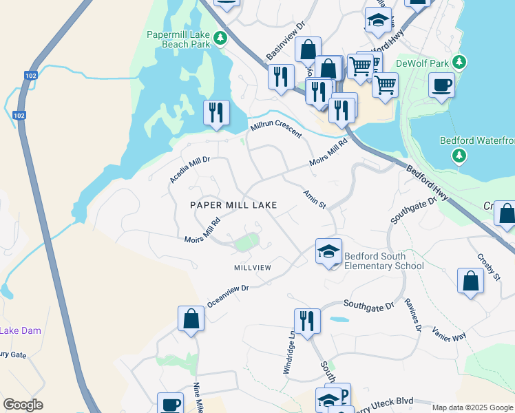 map of restaurants, bars, coffee shops, grocery stores, and more near 21 Royal Masts Way in Bedford