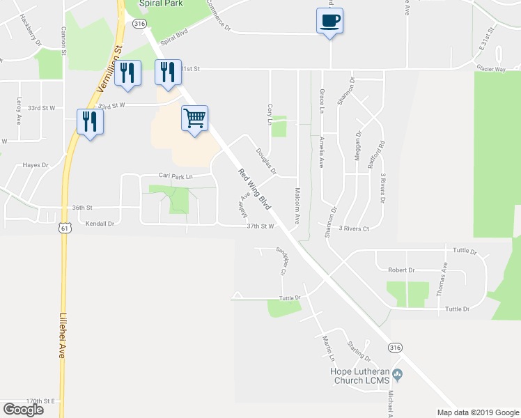 map of restaurants, bars, coffee shops, grocery stores, and more near 3630 Red Wing Boulevard in Hastings