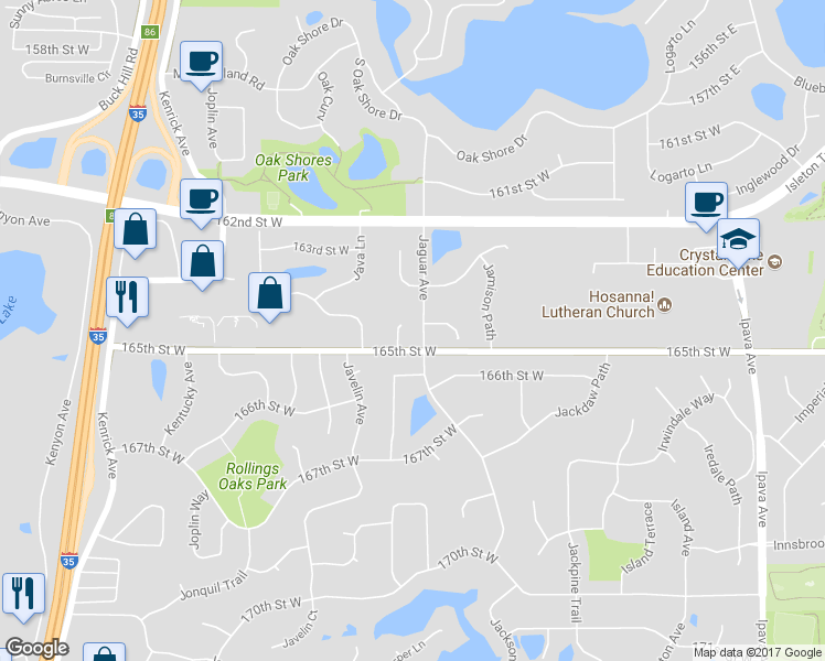 map of restaurants, bars, coffee shops, grocery stores, and more near 16480 Jarrett Circle in Lakeville