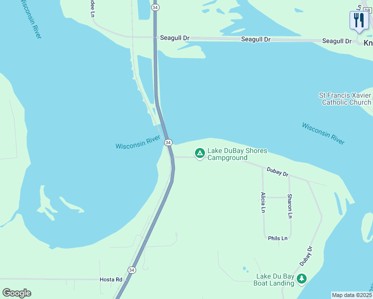 map of restaurants, bars, coffee shops, grocery stores, and more near 1706 Dubay Drive in Mosinee
