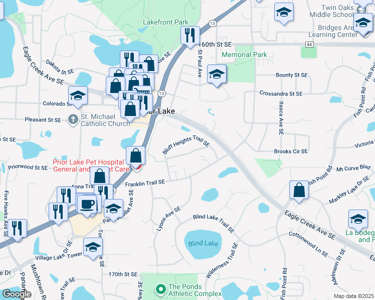 map of restaurants, bars, coffee shops, grocery stores, and more near 16429 Timber Crest Drive Southeast in Prior Lake