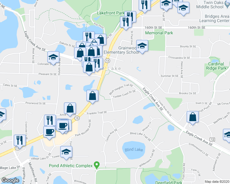 map of restaurants, bars, coffee shops, grocery stores, and more near 4903 Bluff Heights Trail Southeast in Prior Lake
