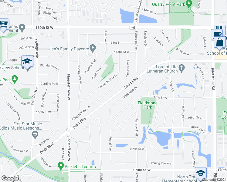 map of restaurants, bars, coffee shops, grocery stores, and more near 16460 Flagstaff Way West in Rosemount