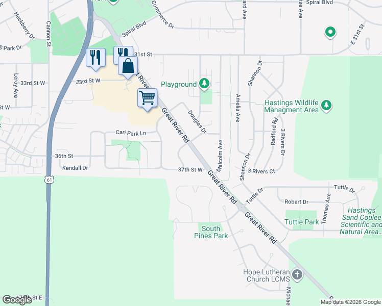 map of restaurants, bars, coffee shops, grocery stores, and more near 3630 Red Wing Boulevard in Hastings