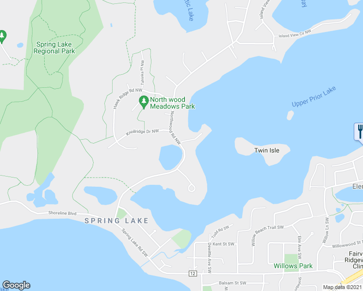 map of restaurants, bars, coffee shops, grocery stores, and more near 16474 Northwood Road Northwest in Prior Lake