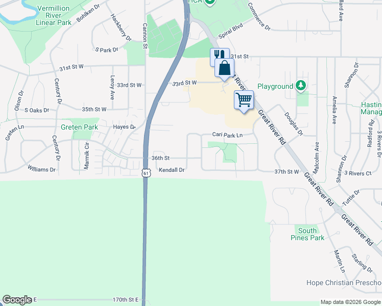 map of restaurants, bars, coffee shops, grocery stores, and more near 540 Kendall Drive in Hastings