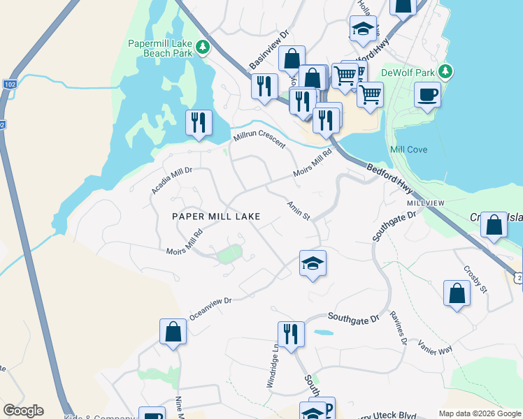 map of restaurants, bars, coffee shops, grocery stores, and more near 94 Moirs Mill Road in Bedford