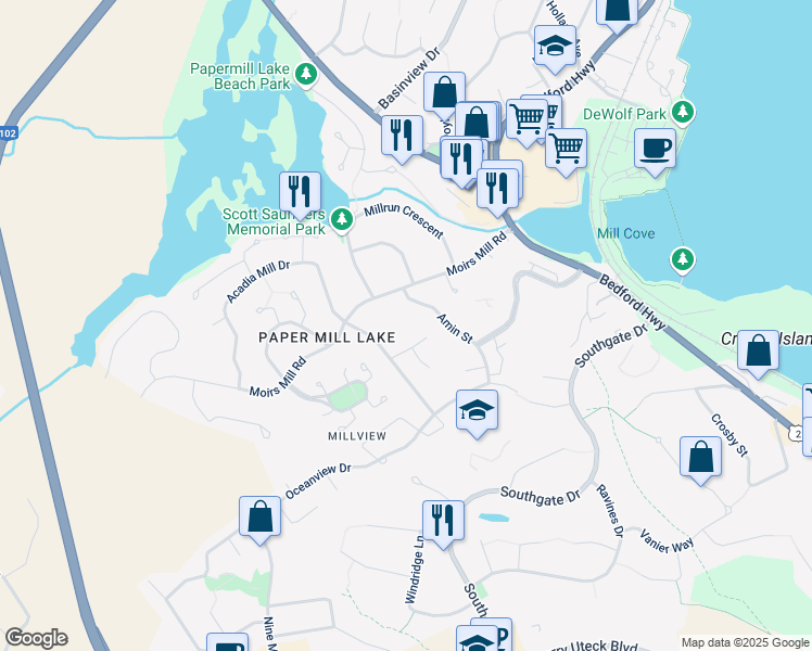 map of restaurants, bars, coffee shops, grocery stores, and more near 92 Moirs Mill Road in Bedford