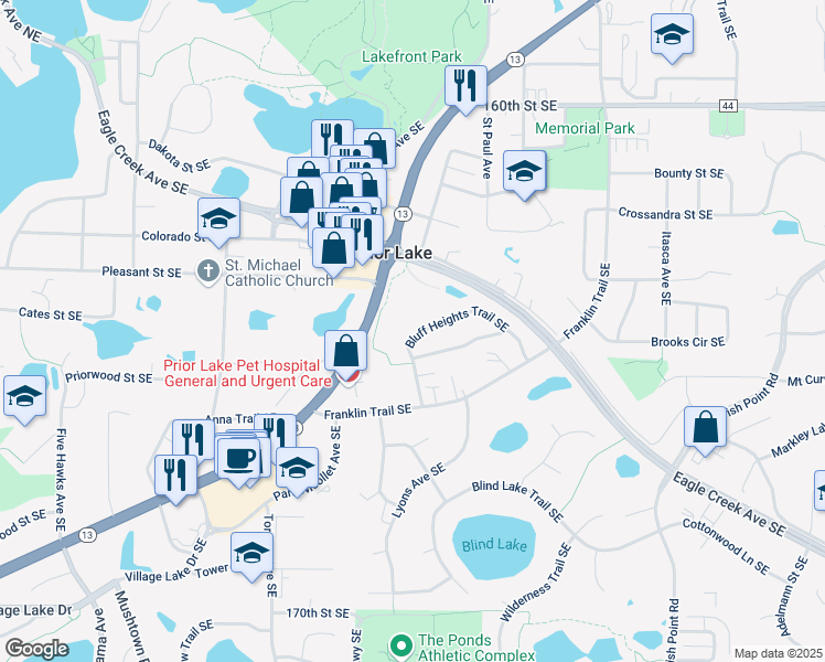 map of restaurants, bars, coffee shops, grocery stores, and more near 4890 Bluff Heights Trail Southeast in Prior Lake
