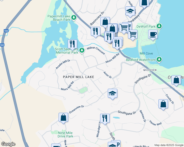 map of restaurants, bars, coffee shops, grocery stores, and more near in Bedford