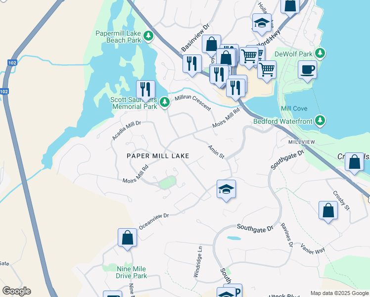 map of restaurants, bars, coffee shops, grocery stores, and more near 96 Moirs Mill Road in Bedford