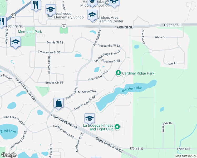 map of restaurants, bars, coffee shops, grocery stores, and more near 16330 Victoria Curve Southeast in Prior Lake