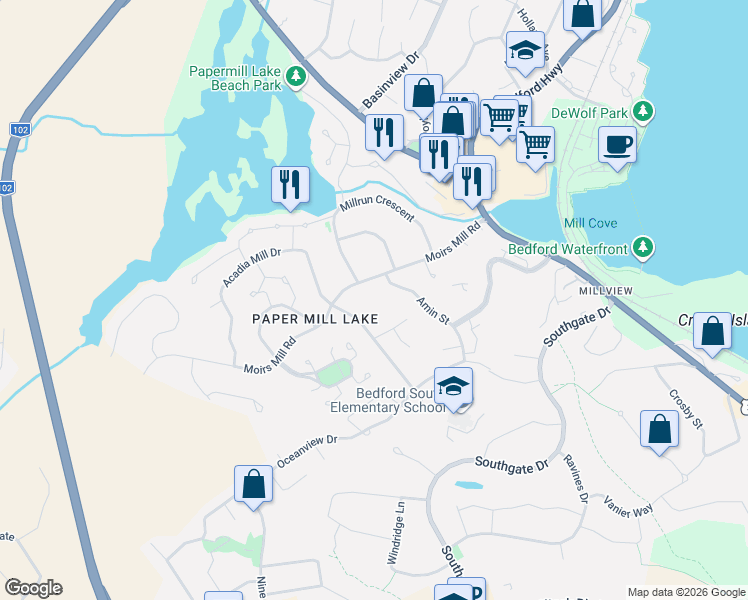map of restaurants, bars, coffee shops, grocery stores, and more near 94 Moirs Mill Road in Bedford