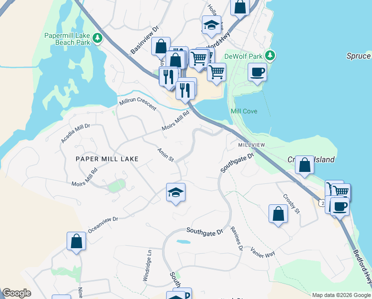 map of restaurants, bars, coffee shops, grocery stores, and more near 61 Nelsons Landing Boulevard in Bedford