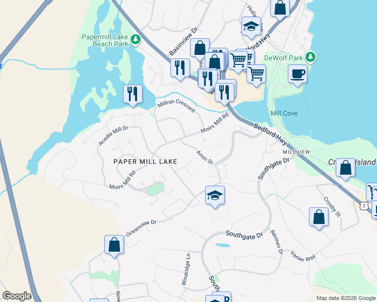 map of restaurants, bars, coffee shops, grocery stores, and more near 90 Moirs Mill Road in Bedford