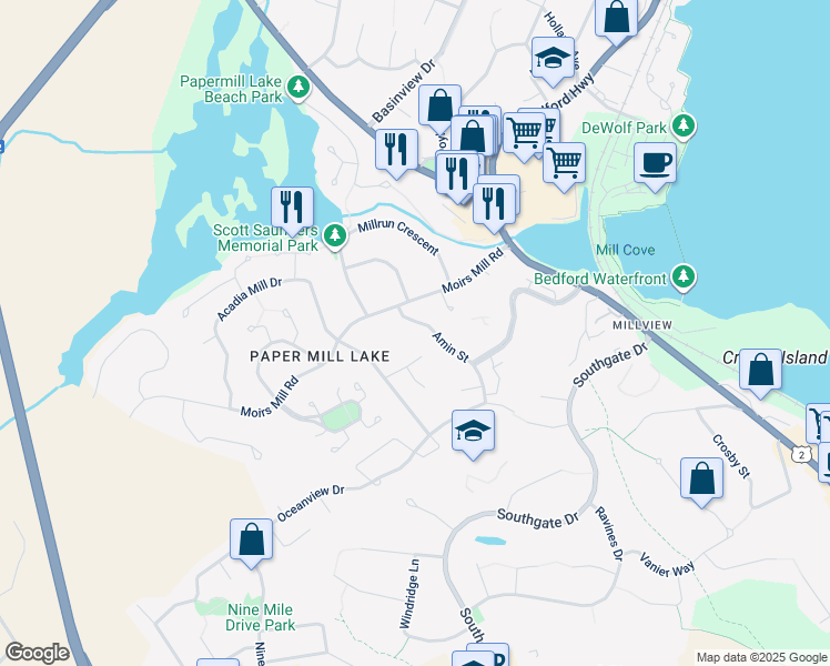 map of restaurants, bars, coffee shops, grocery stores, and more near 90 Moirs Mill Road in Bedford