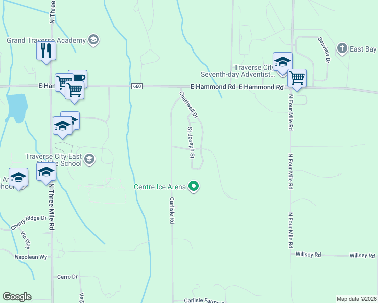 map of restaurants, bars, coffee shops, grocery stores, and more near 1765 Saint Joseph Street in Traverse City