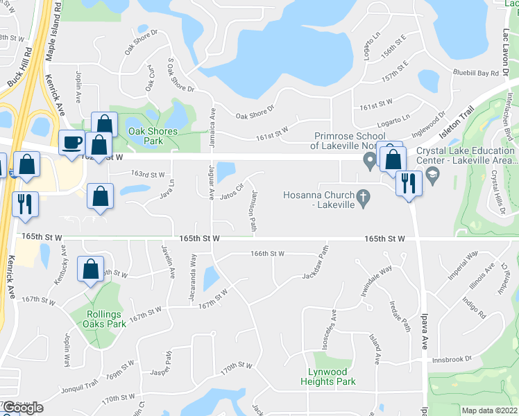 map of restaurants, bars, coffee shops, grocery stores, and more near 16348 Jamison Path in Lakeville