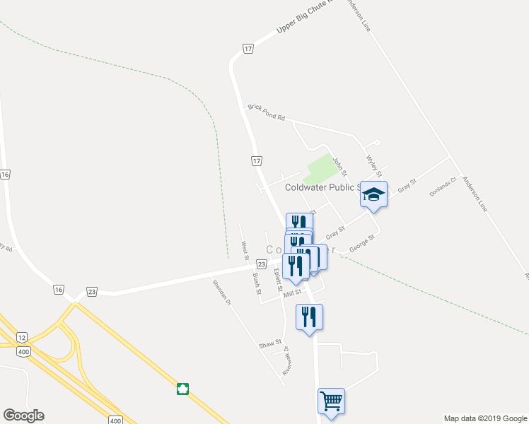 map of restaurants, bars, coffee shops, grocery stores, and more near 19 River Street in Coldwater