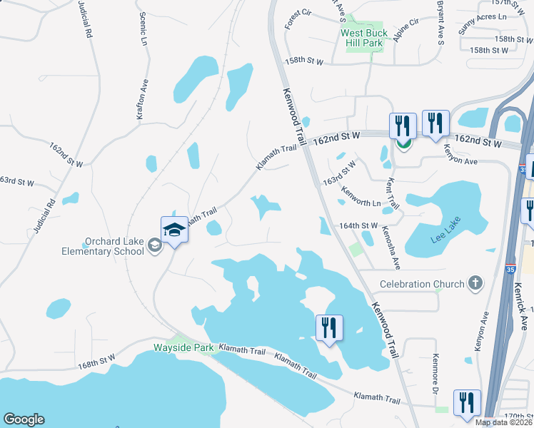 map of restaurants, bars, coffee shops, grocery stores, and more near 16352 Klamath Trail in Lakeville
