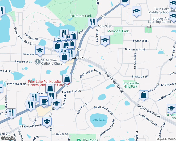 map of restaurants, bars, coffee shops, grocery stores, and more near 4936 Bluff Heights Trail Southeast in Prior Lake