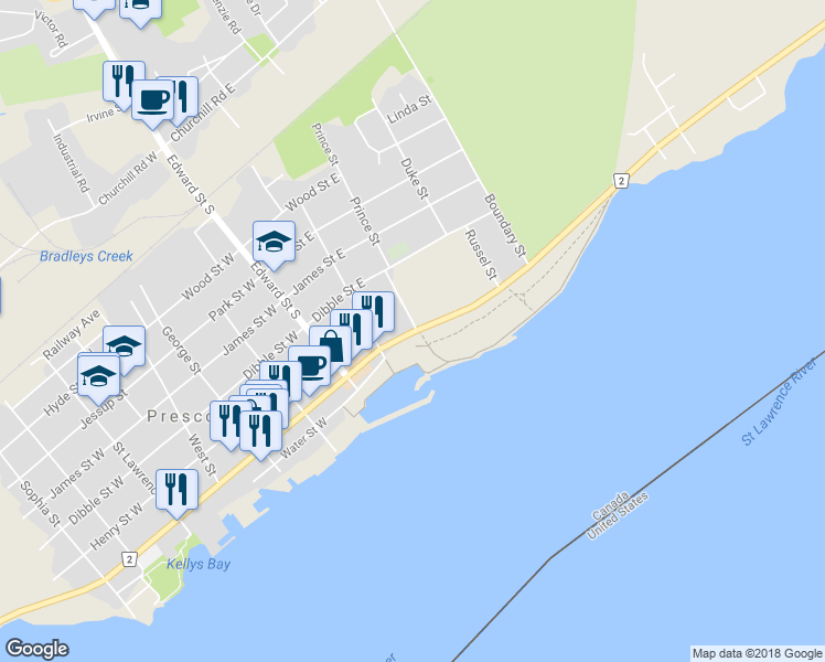 map of restaurants, bars, coffee shops, grocery stores, and more near 292 King Street East in Prescott