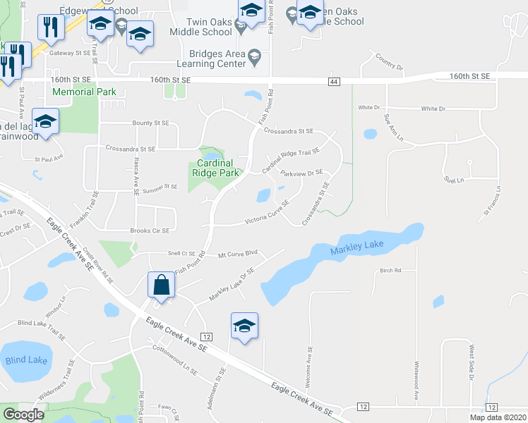 map of restaurants, bars, coffee shops, grocery stores, and more near 16346 Victoria Curve Southeast in Prior Lake